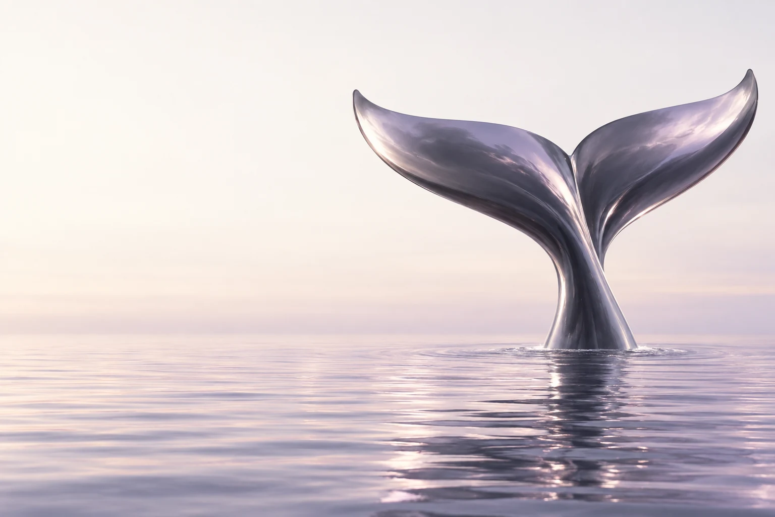 A sculptural silver whale tail rising from a still lavender ocean at dawn.